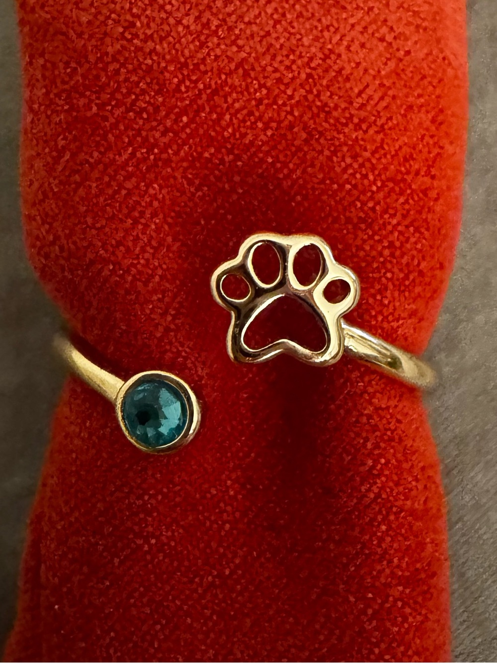 Gold Paw Ring with Blue Gem - Pet Lover Adjustable Ring